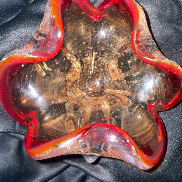 Murano Other - Murano Vintage Blown Glass Flower Bowl Dish Red & Gold